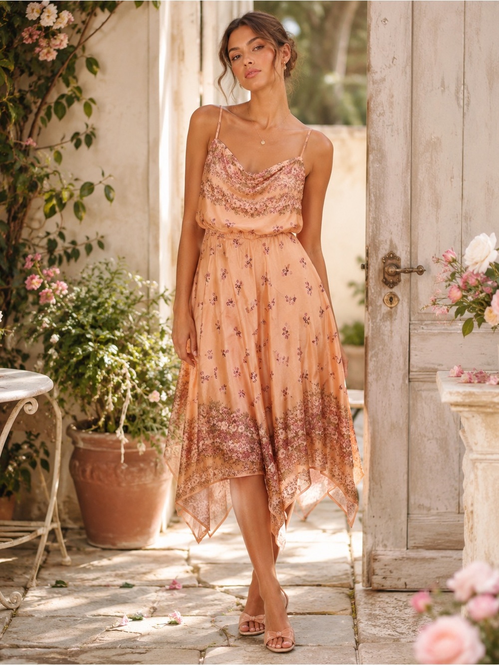 Vintage 1970s JCPenney Fashions Peach Floral High-Low Midi Slip Dress